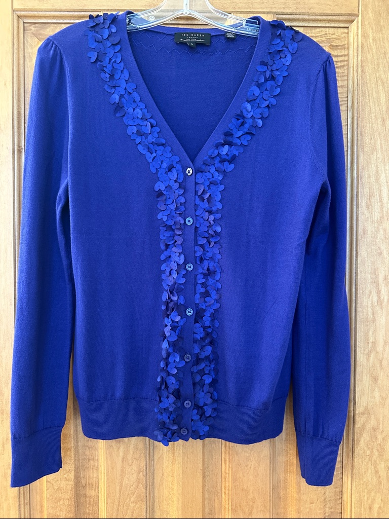 Ted Baker Cobalt Blue V-Neck Cardigan With Laser Cut Appliqu Border.